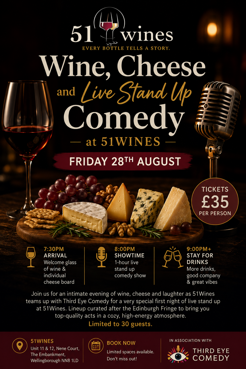 Wine, Cheese & Live Stand-Up Comedy — Friday 28th August