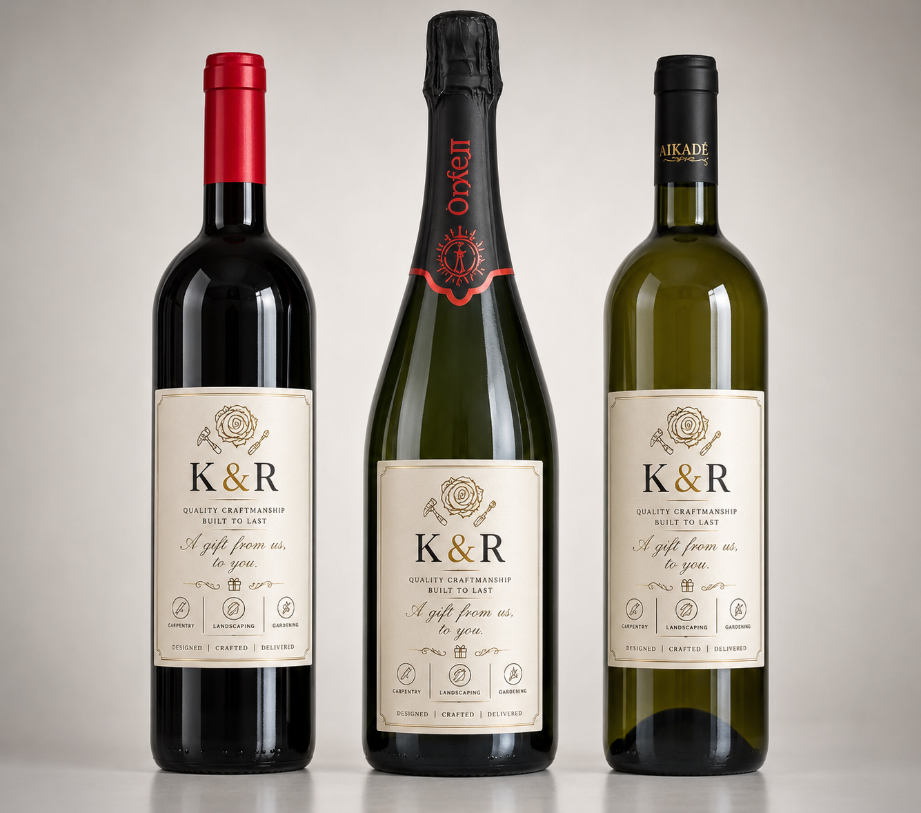 Three personalised 51 Wines bottles — red, sparkling and white, each with a custom K&R label
