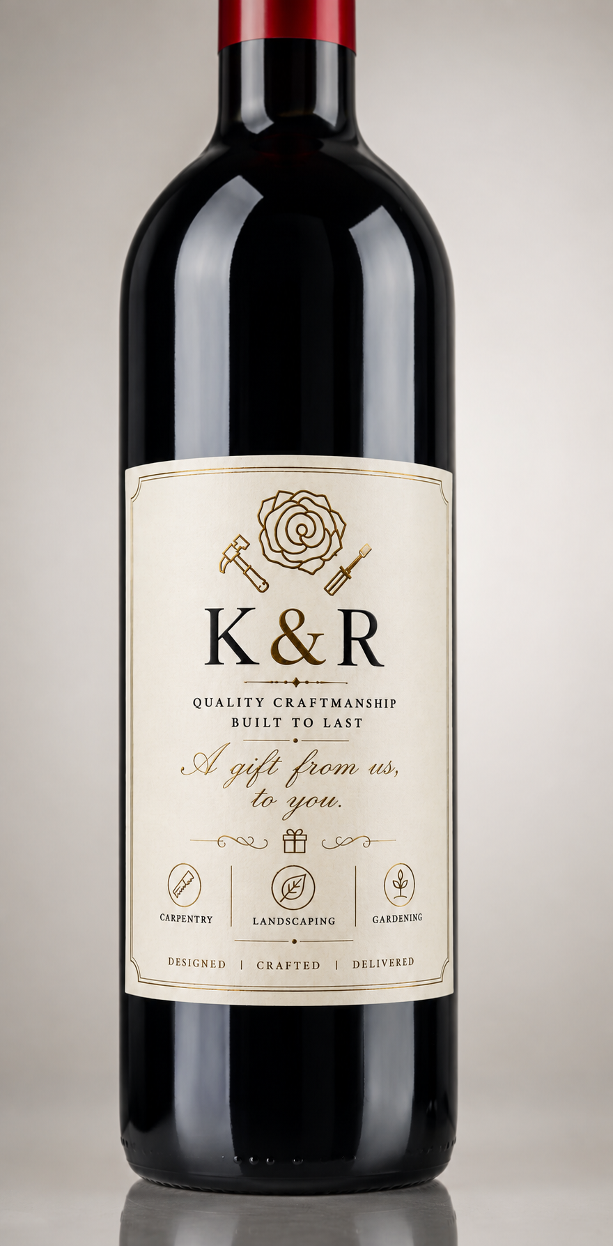 Close-up of a personalised 51 Wines red bottle showing the full K&R label detail